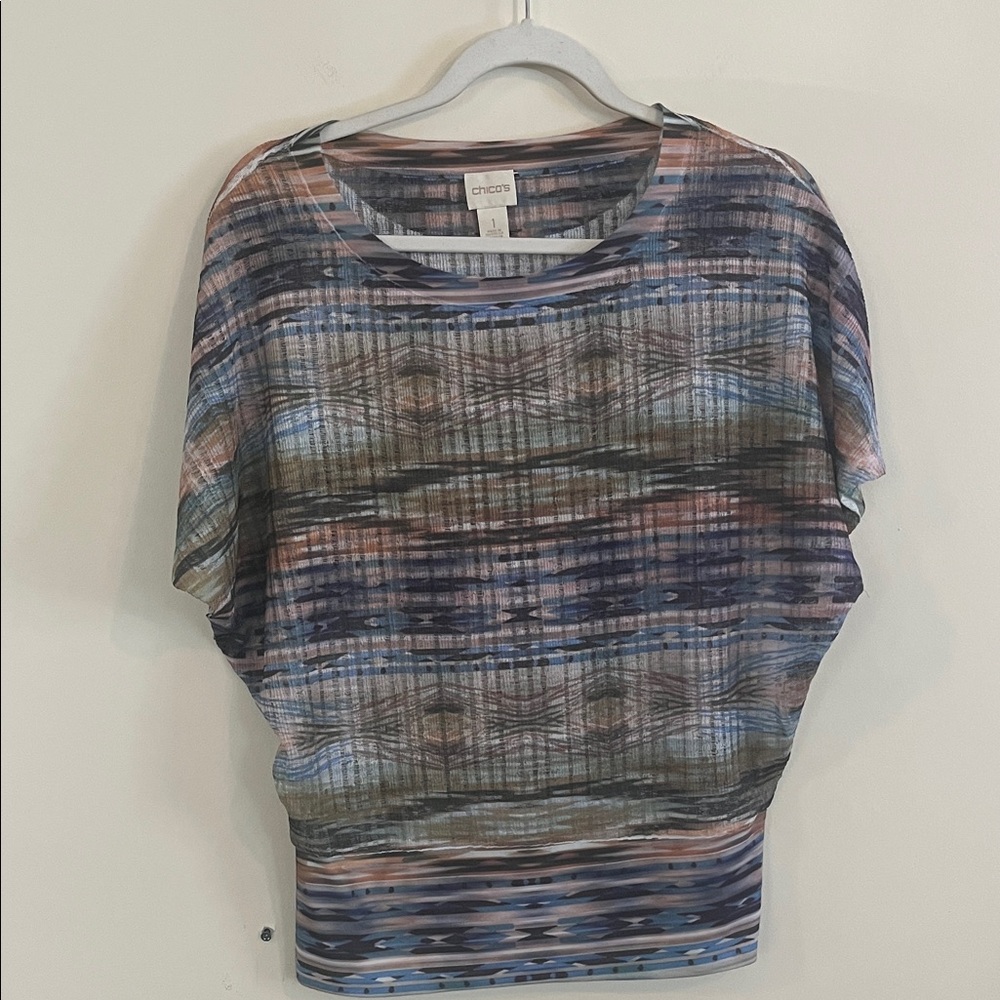 Chicos Open Knit‎ Top Abstract Artsy Blue Green Boho 2010s Geometric Casual